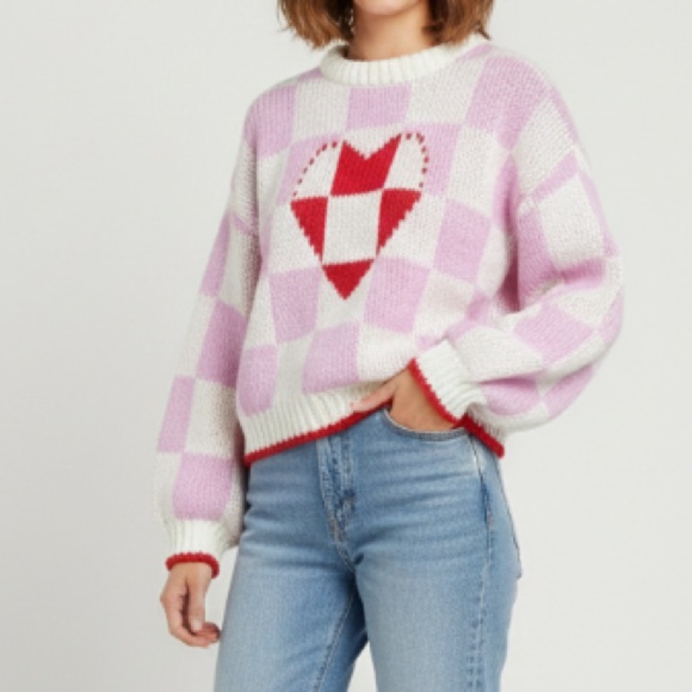Dreamers Valentines Day Heart Sweater Size XS Oversized Crochet Knit Pink New